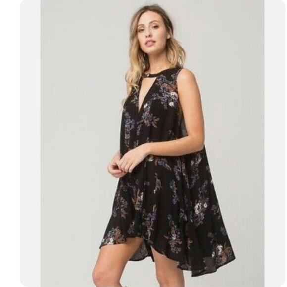 Free People Floral Mini Dress Black V Neck Sleeveless Swing Flowy Babydoll S - Picture 12 of 16